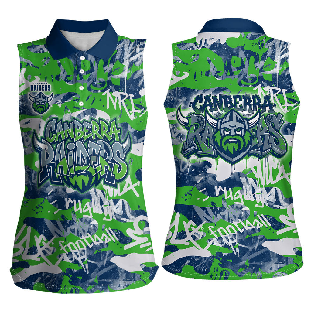 Canberra Raiders Rugby Women Sleeveless Polo Shirt Graffiti Typography Urban Camo Abstract Street Style