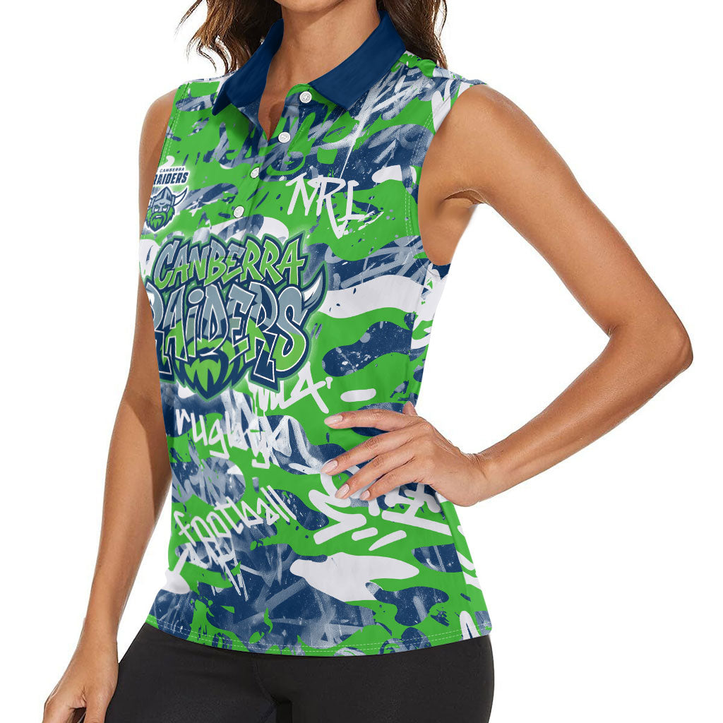 Canberra Raiders Rugby Women Sleeveless Polo Shirt Graffiti Typography Urban Camo Abstract Street Style