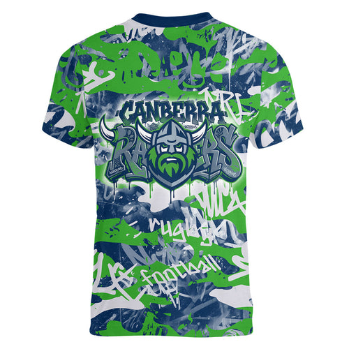 Canberra Raiders Rugby Women V-Neck T-Shirt Graffiti Typography Urban Camo Abstract Street Style