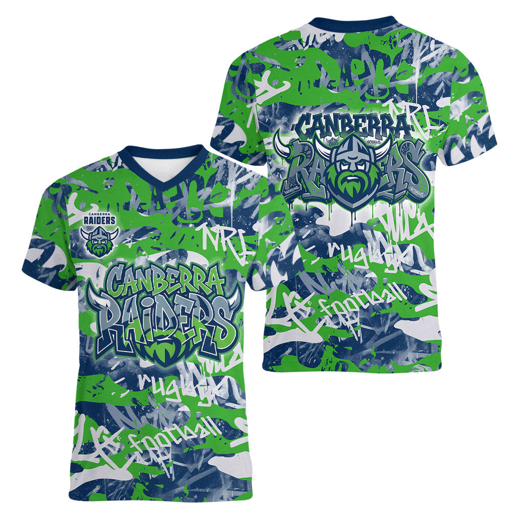 Canberra Raiders Rugby Women V-Neck T-Shirt Graffiti Typography Urban Camo Abstract Street Style
