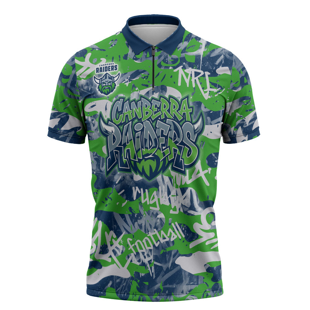 Canberra Raiders Rugby Zipper Polo Shirt Graffiti Typography Urban Camo Abstract Street Style