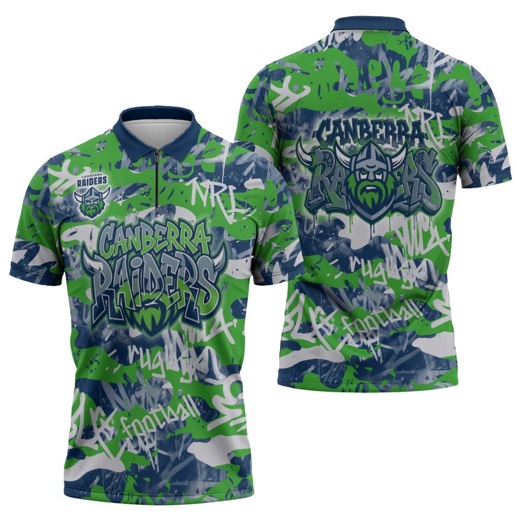 Canberra Raiders Rugby Zipper Polo Shirt Graffiti Typography Urban Camo Abstract Street Style