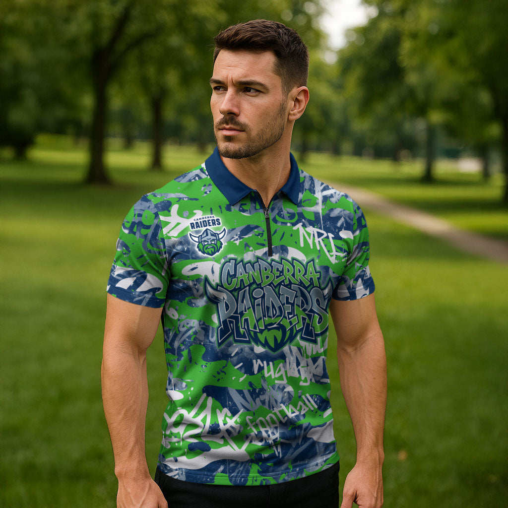 Canberra Raiders Rugby Zipper Polo Shirt Graffiti Typography Urban Camo Abstract Street Style