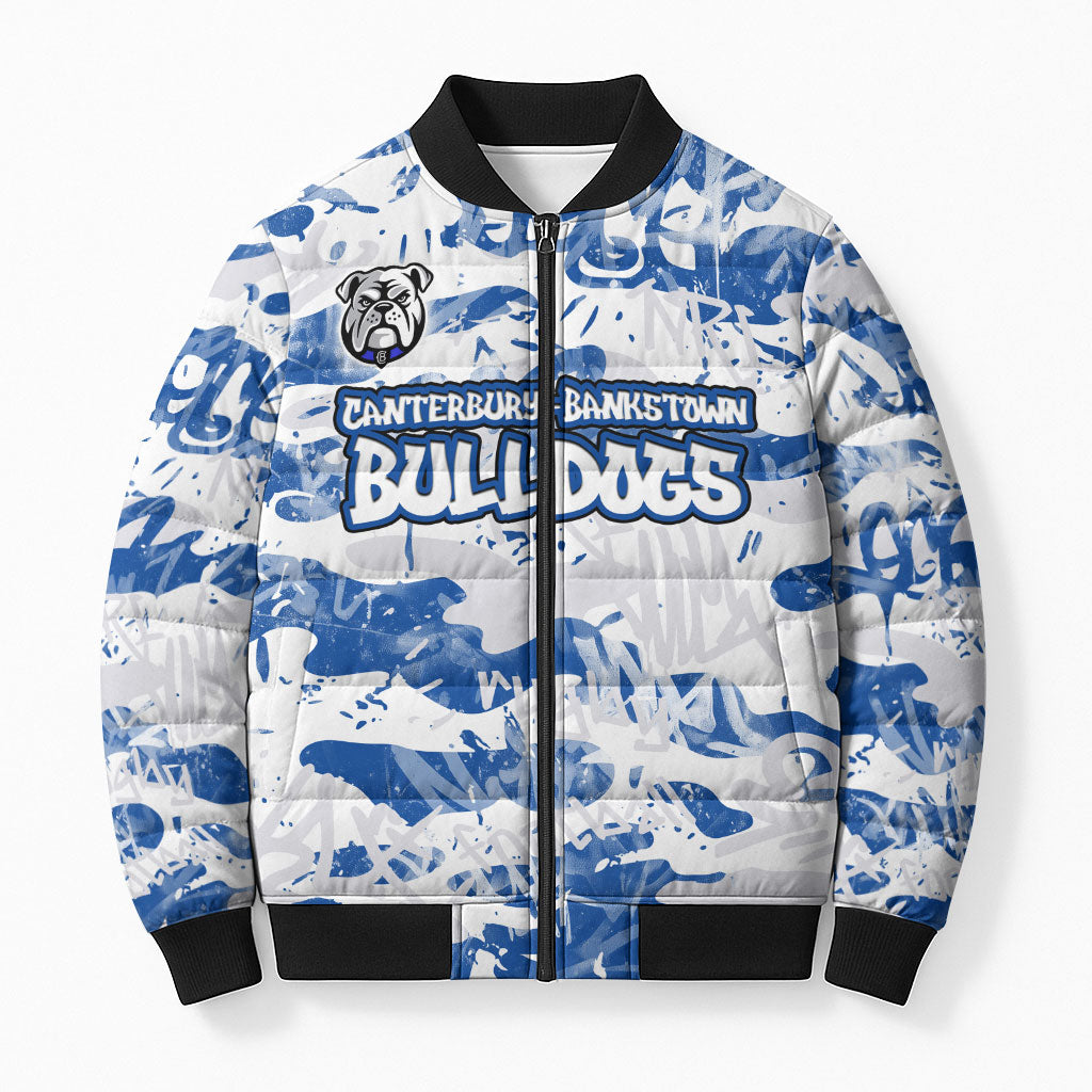 Canterbury-Bankstown Bulldogs Rugby Bomber Puffer Jacket Graffiti Typography Urban Camo Abstract Street Style
