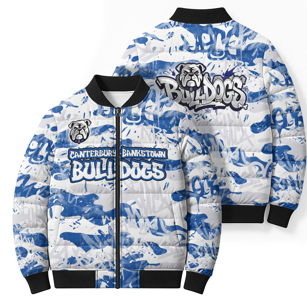 Canterbury-Bankstown Bulldogs Rugby Bomber Puffer Jacket Graffiti Typography Urban Camo Abstract Street Style
