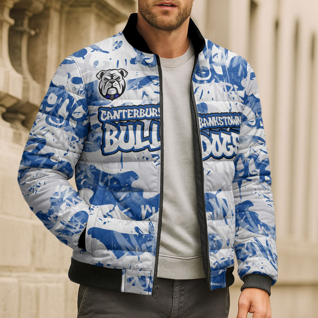 Canterbury-Bankstown Bulldogs Rugby Bomber Puffer Jacket Graffiti Typography Urban Camo Abstract Street Style
