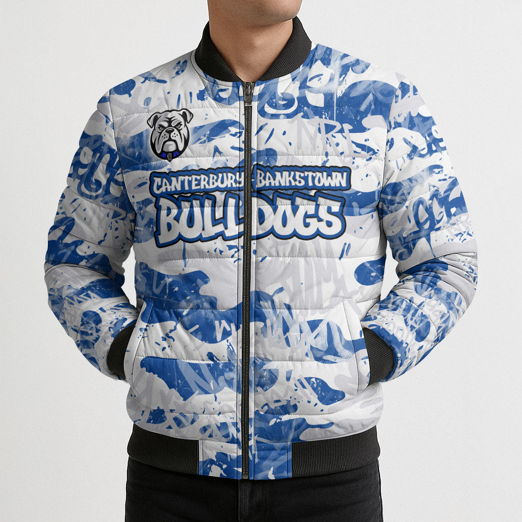 Canterbury-Bankstown Bulldogs Rugby Bomber Puffer Jacket Graffiti Typography Urban Camo Abstract Street Style