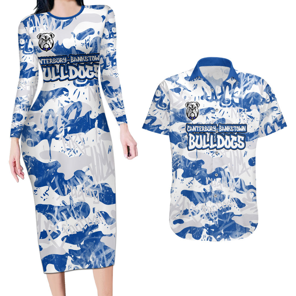 Canterbury-Bankstown Bulldogs Rugby Couples Matching Long Sleeve Bodycon Dress and Hawaiian Shirt Graffiti Typography Urban Camo Abstract Street Style