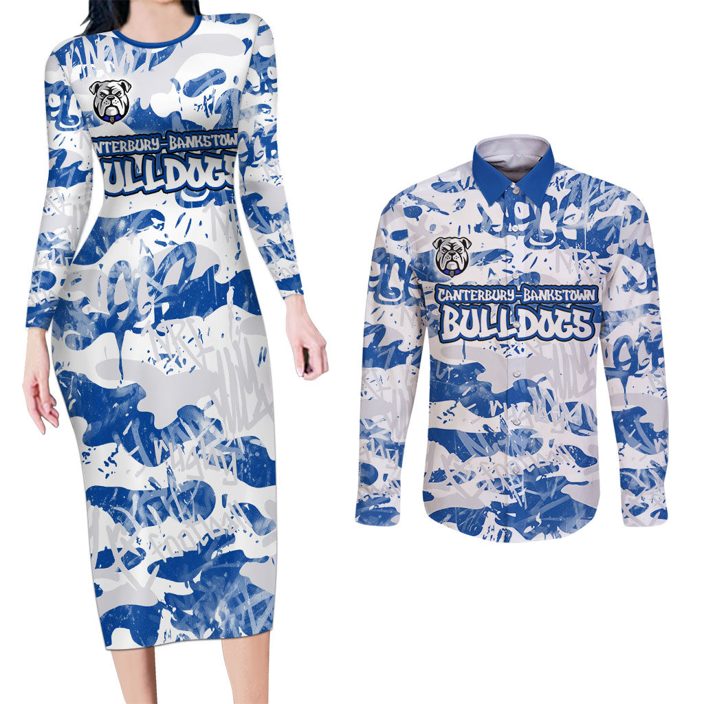 Canterbury-Bankstown Bulldogs Rugby Couples Matching Long Sleeve Bodycon Dress and Long Sleeve Button Shirt Graffiti Typography Urban Camo Abstract Street Style