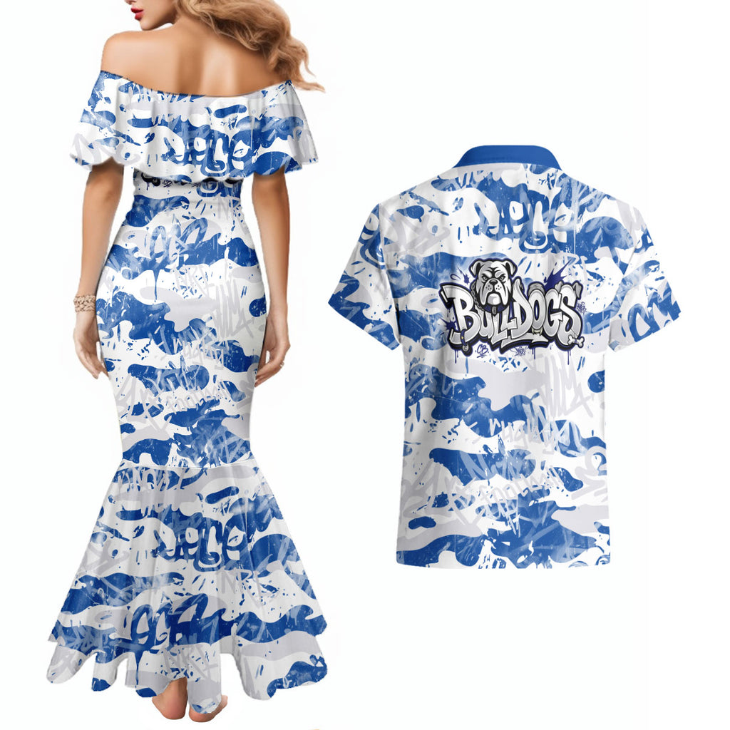 Canterbury-Bankstown Bulldogs Rugby Couples Matching Mermaid Dress and Hawaiian Shirt Graffiti Typography Urban Camo Abstract Street Style