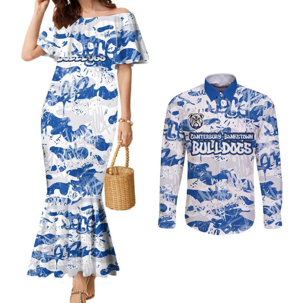 Canterbury-Bankstown Bulldogs Rugby Couples Matching Mermaid Dress and Long Sleeve Button Shirt Graffiti Typography Urban Camo Abstract Street Style