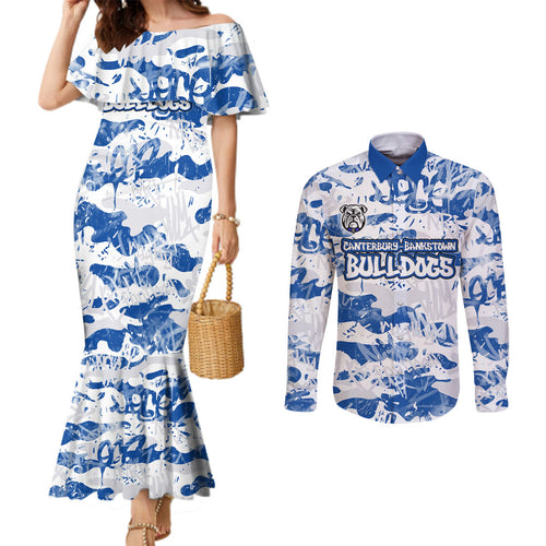 Canterbury-Bankstown Bulldogs Rugby Couples Matching Mermaid Dress and Long Sleeve Button Shirt Graffiti Typography Urban Camo Abstract Street Style
