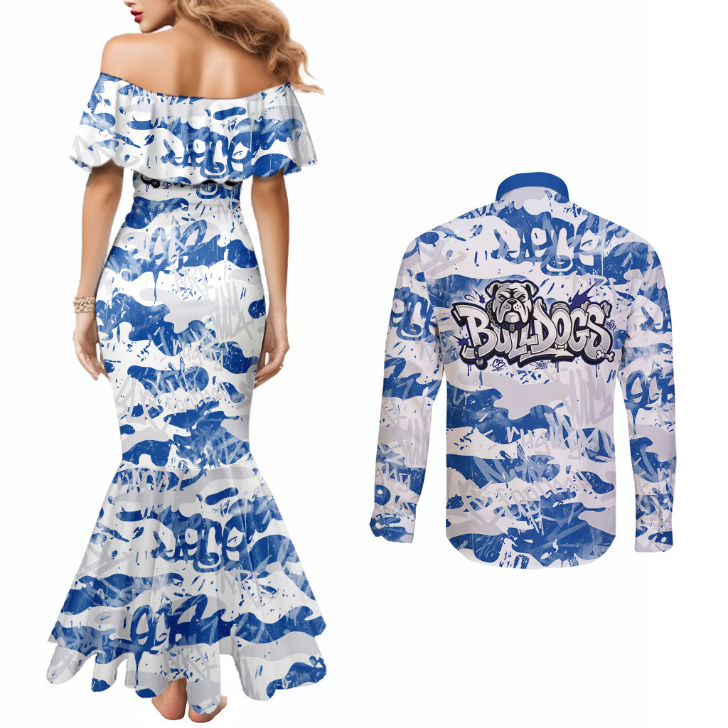 Canterbury-Bankstown Bulldogs Rugby Couples Matching Mermaid Dress and Long Sleeve Button Shirt Graffiti Typography Urban Camo Abstract Street Style