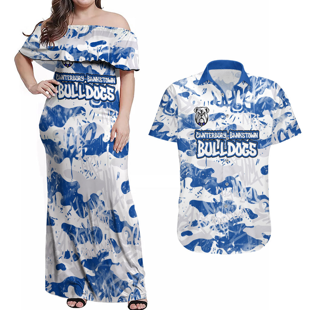 Canterbury-Bankstown Bulldogs Rugby Couples Matching Off Shoulder Maxi Dress and Hawaiian Shirt Graffiti Typography Urban Camo Abstract Street Style