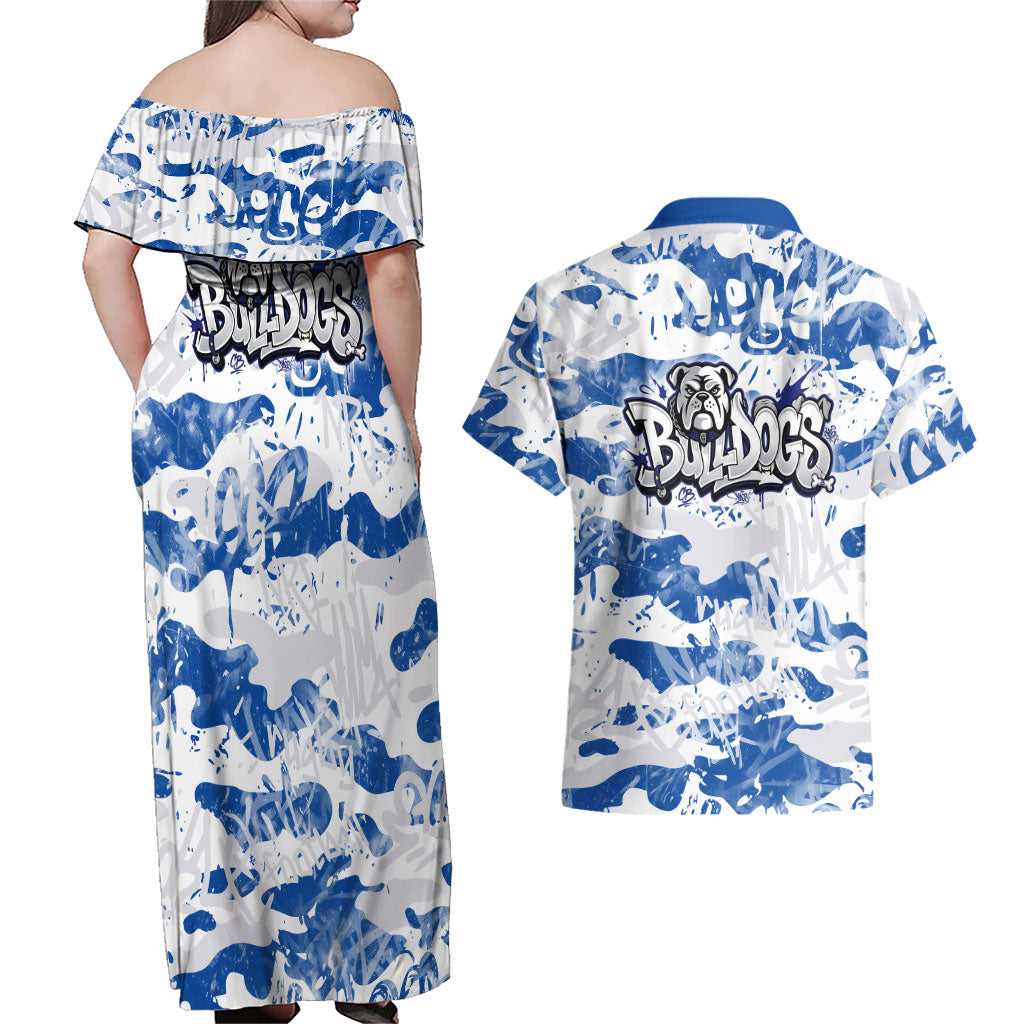 Canterbury-Bankstown Bulldogs Rugby Couples Matching Off Shoulder Maxi Dress and Hawaiian Shirt Graffiti Typography Urban Camo Abstract Street Style