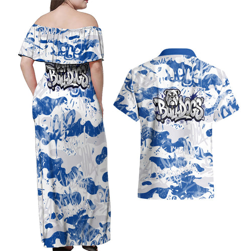 Canterbury-Bankstown Bulldogs Rugby Couples Matching Off Shoulder Maxi Dress and Hawaiian Shirt Graffiti Typography Urban Camo Abstract Street Style