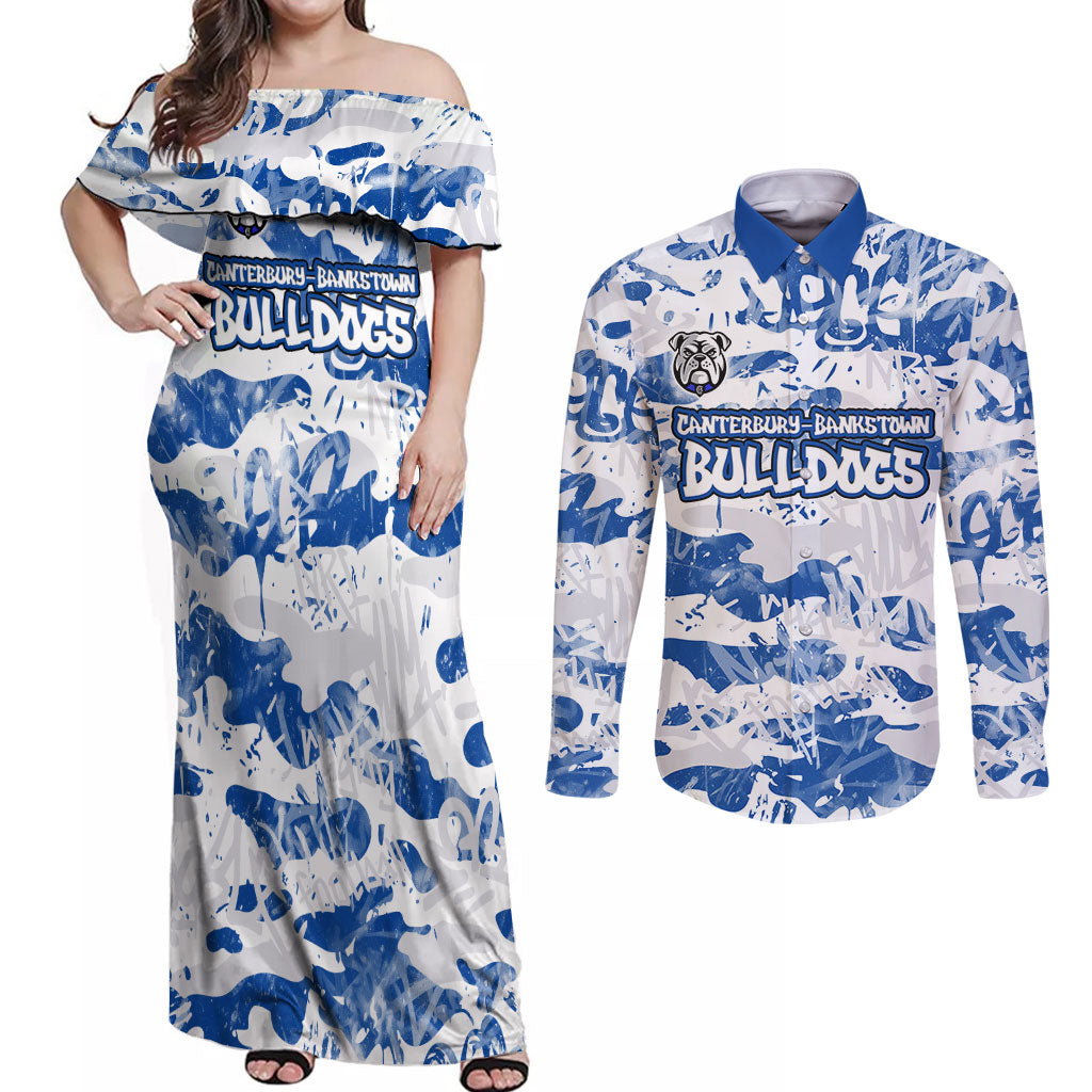 Canterbury-Bankstown Bulldogs Rugby Couples Matching Off Shoulder Maxi Dress and Long Sleeve Button Shirt Graffiti Typography Urban Camo Abstract Street Style