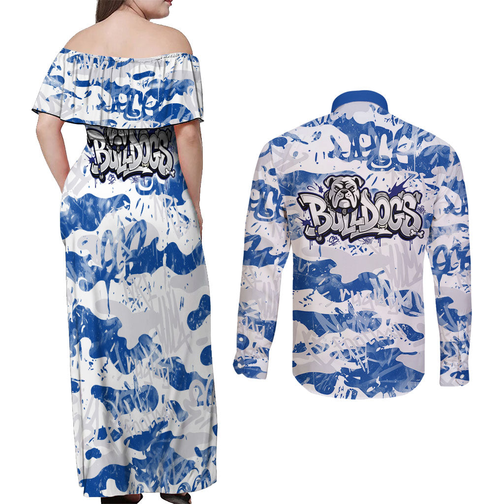Canterbury-Bankstown Bulldogs Rugby Couples Matching Off Shoulder Maxi Dress and Long Sleeve Button Shirt Graffiti Typography Urban Camo Abstract Street Style