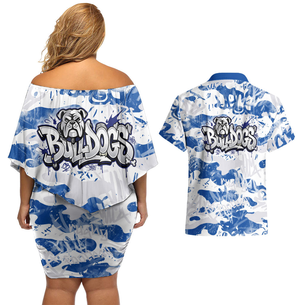 Canterbury-Bankstown Bulldogs Rugby Couples Matching Off Shoulder Short Dress and Hawaiian Shirt Graffiti Typography Urban Camo Abstract Street Style