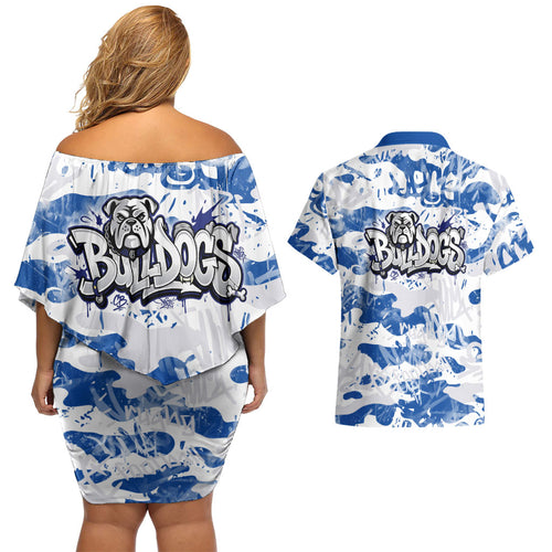 Canterbury-Bankstown Bulldogs Rugby Couples Matching Off Shoulder Short Dress and Hawaiian Shirt Graffiti Typography Urban Camo Abstract Street Style