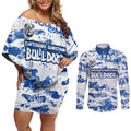 Canterbury-Bankstown Bulldogs Rugby Couples Matching Off Shoulder Short Dress and Long Sleeve Button Shirt Graffiti Typography Urban Camo Abstract Street Style
