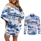 Canterbury-Bankstown Bulldogs Rugby Couples Matching Off Shoulder Short Dress and Long Sleeve Button Shirt Graffiti Typography Urban Camo Abstract Street Style