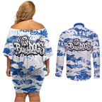 Canterbury-Bankstown Bulldogs Rugby Couples Matching Off Shoulder Short Dress and Long Sleeve Button Shirt Graffiti Typography Urban Camo Abstract Street Style