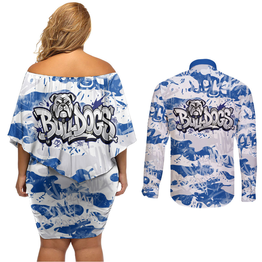 Canterbury-Bankstown Bulldogs Rugby Couples Matching Off Shoulder Short Dress and Long Sleeve Button Shirt Graffiti Typography Urban Camo Abstract Street Style