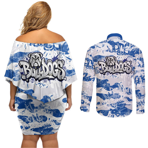 Canterbury-Bankstown Bulldogs Rugby Couples Matching Off Shoulder Short Dress and Long Sleeve Button Shirt Graffiti Typography Urban Camo Abstract Street Style
