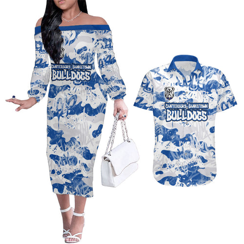 Canterbury-Bankstown Bulldogs Rugby Couples Matching Off The Shoulder Long Sleeve Dress and Hawaiian Shirt Graffiti Typography Urban Camo Abstract Street Style