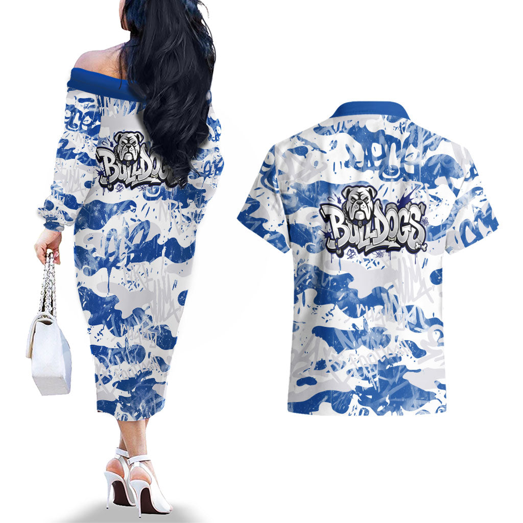 Canterbury-Bankstown Bulldogs Rugby Couples Matching Off The Shoulder Long Sleeve Dress and Hawaiian Shirt Graffiti Typography Urban Camo Abstract Street Style