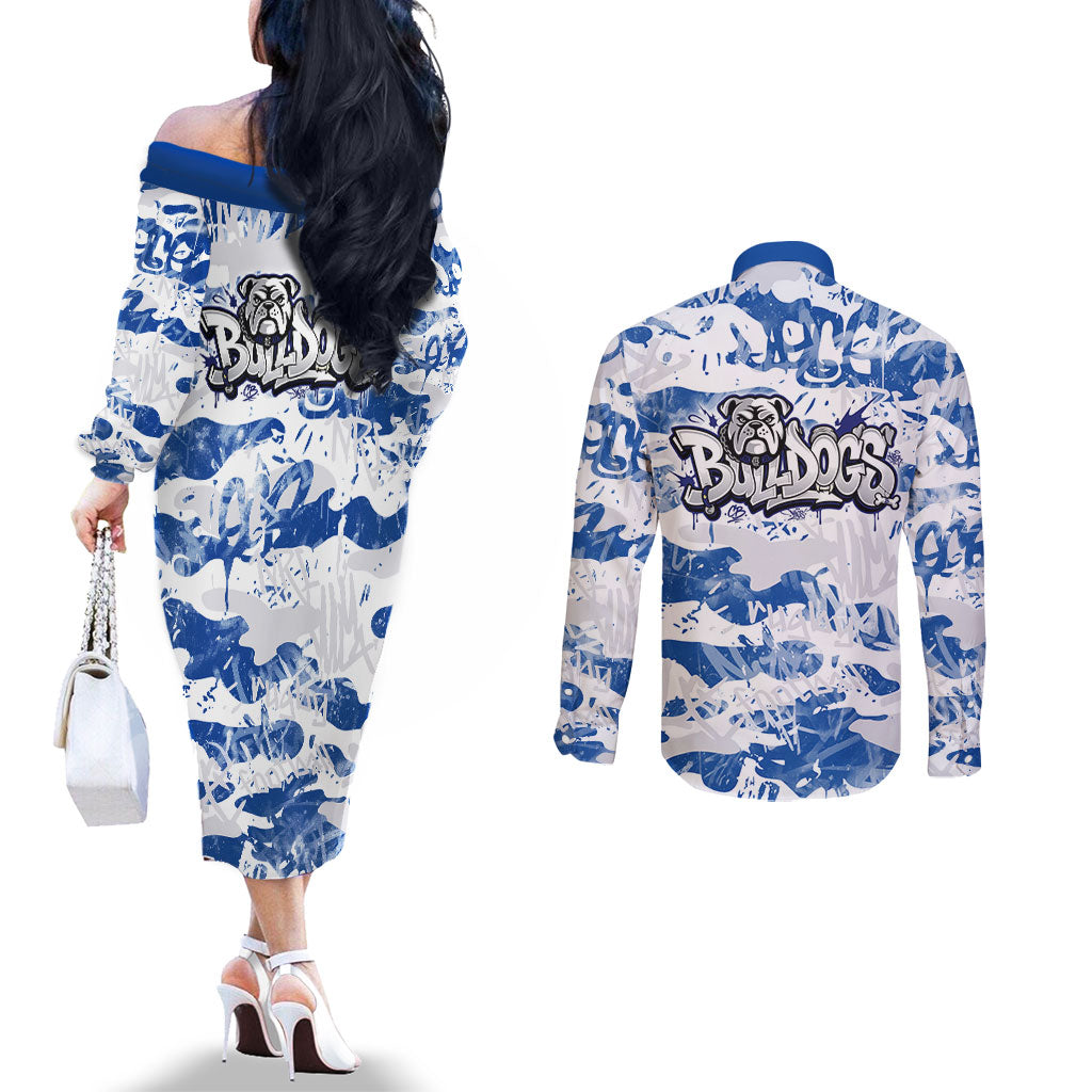 Canterbury-Bankstown Bulldogs Rugby Couples Matching Off The Shoulder Long Sleeve Dress and Long Sleeve Button Shirt Graffiti Typography Urban Camo Abstract Street Style