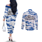 Canterbury-Bankstown Bulldogs Rugby Couples Matching Off The Shoulder Long Sleeve Dress and Long Sleeve Button Shirt Graffiti Typography Urban Camo Abstract Street Style
