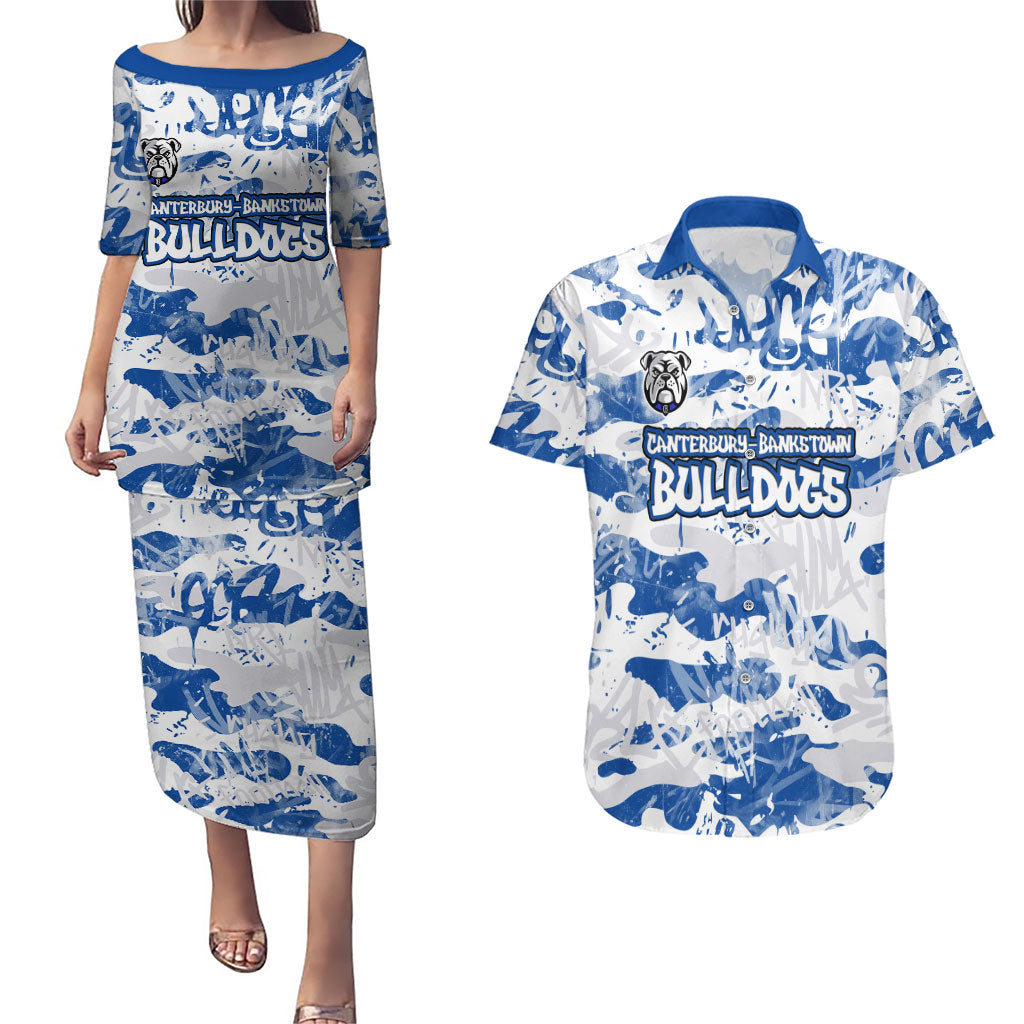 Canterbury-Bankstown Bulldogs Rugby Couples Matching Puletasi and Hawaiian Shirt Graffiti Typography Urban Camo Abstract Street Style