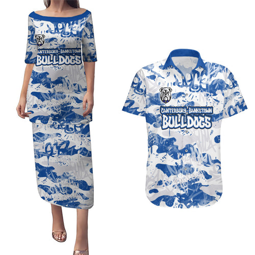 Canterbury-Bankstown Bulldogs Rugby Couples Matching Puletasi and Hawaiian Shirt Graffiti Typography Urban Camo Abstract Street Style