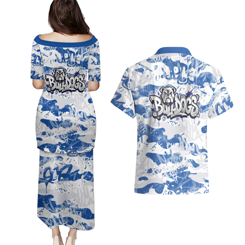 Canterbury-Bankstown Bulldogs Rugby Couples Matching Puletasi and Hawaiian Shirt Graffiti Typography Urban Camo Abstract Street Style