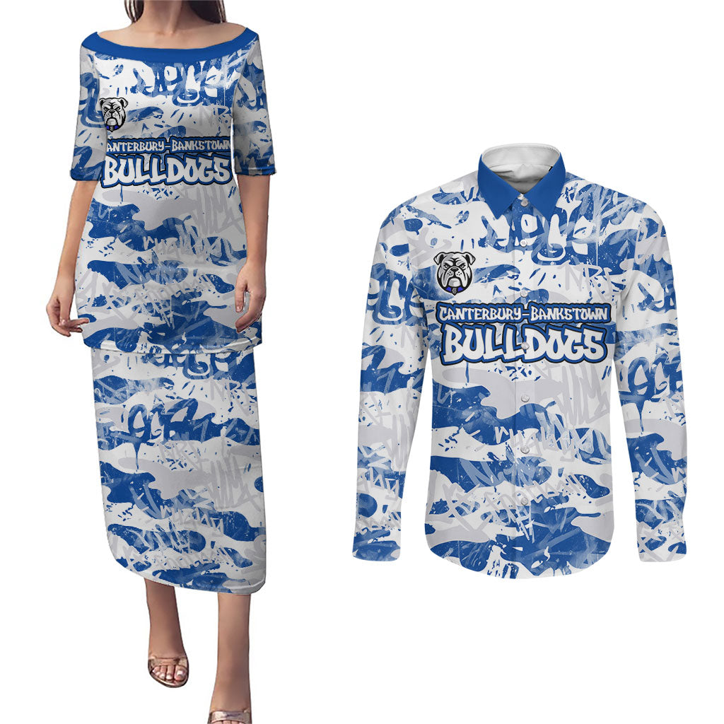 Canterbury-Bankstown Bulldogs Rugby Couples Matching Puletasi and Long Sleeve Button Shirt Graffiti Typography Urban Camo Abstract Street Style