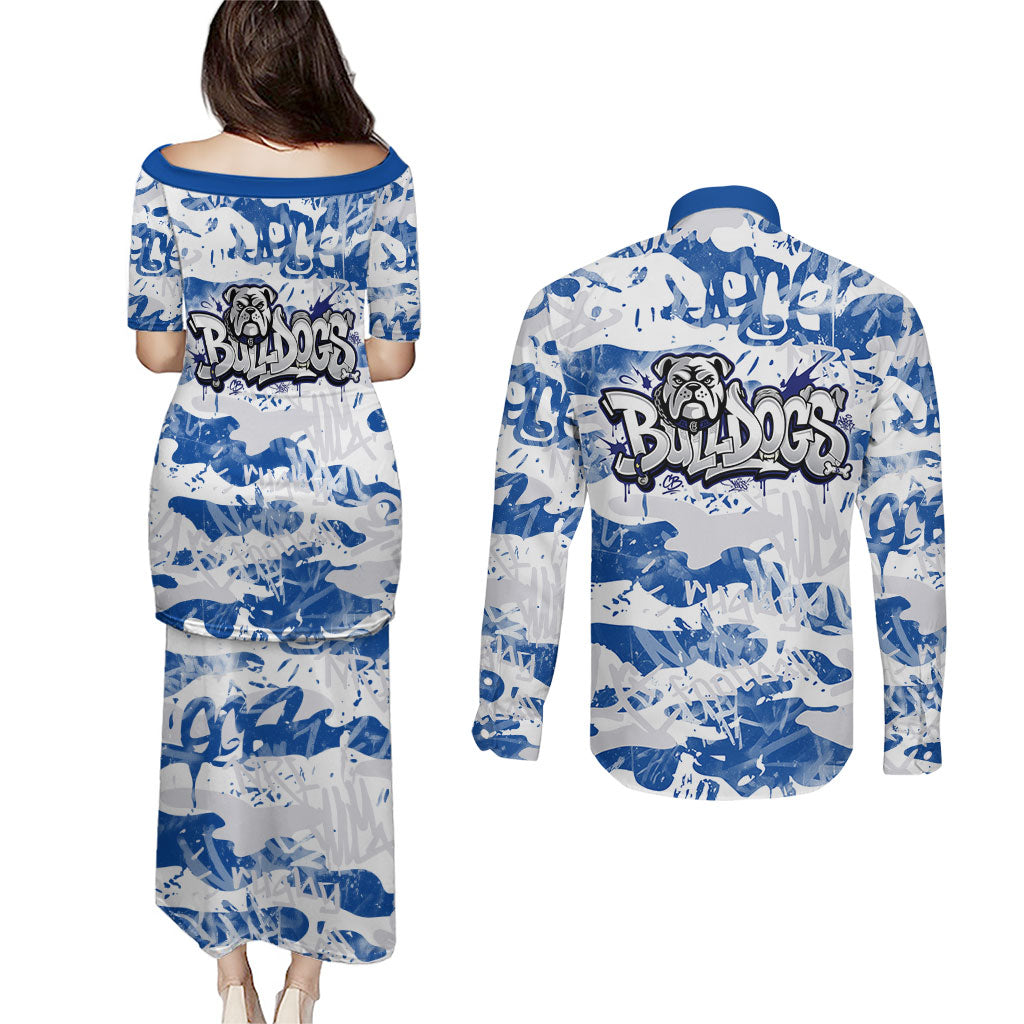 Canterbury-Bankstown Bulldogs Rugby Couples Matching Puletasi and Long Sleeve Button Shirt Graffiti Typography Urban Camo Abstract Street Style