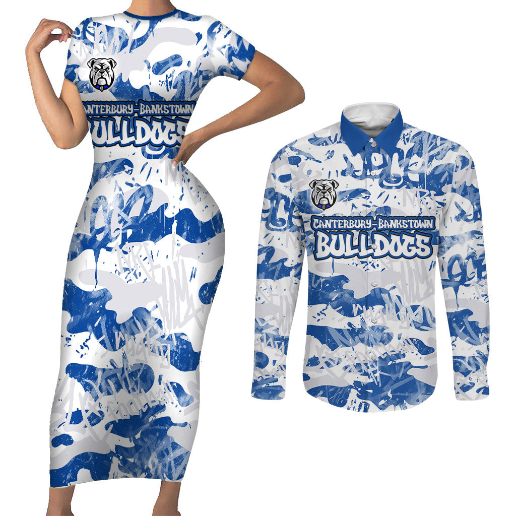Canterbury-Bankstown Bulldogs Rugby Couples Matching Short Sleeve Bodycon Dress and Long Sleeve Button Shirt Graffiti Typography Urban Camo Abstract Street Style