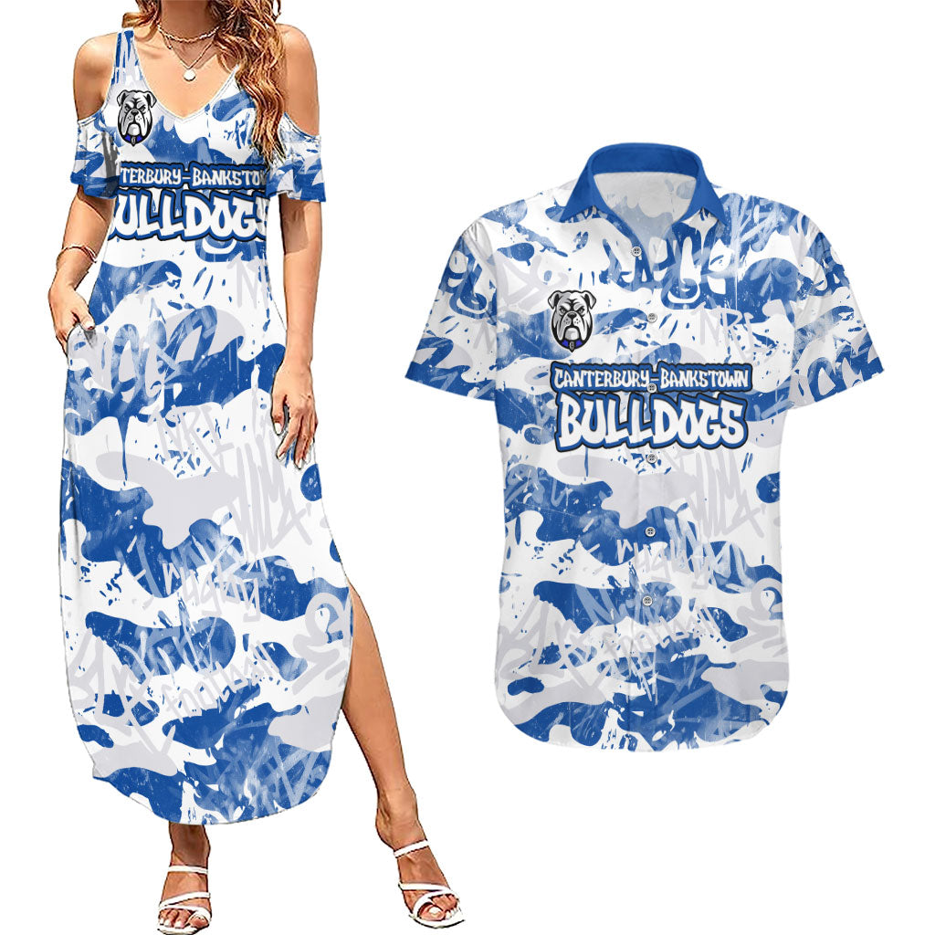 Canterbury-Bankstown Bulldogs Rugby Couples Matching Summer Maxi Dress and Hawaiian Shirt Graffiti Typography Urban Camo Abstract Street Style
