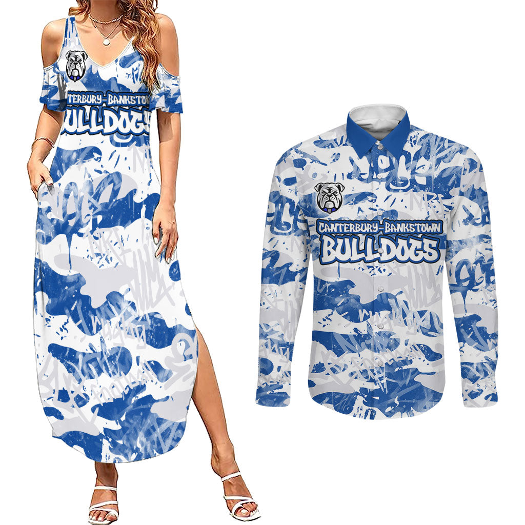 Canterbury-Bankstown Bulldogs Rugby Couples Matching Summer Maxi Dress and Long Sleeve Button Shirt Graffiti Typography Urban Camo Abstract Street Style