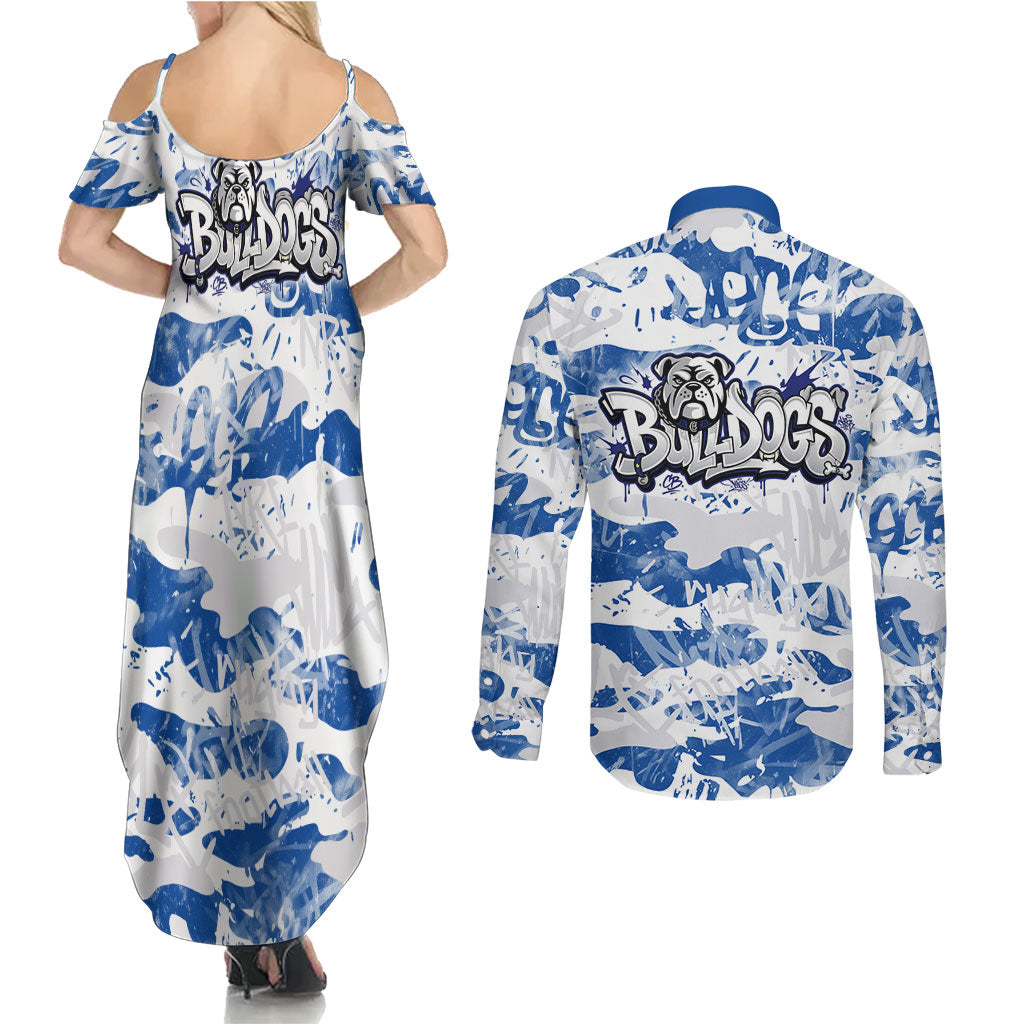Canterbury-Bankstown Bulldogs Rugby Couples Matching Summer Maxi Dress and Long Sleeve Button Shirt Graffiti Typography Urban Camo Abstract Street Style