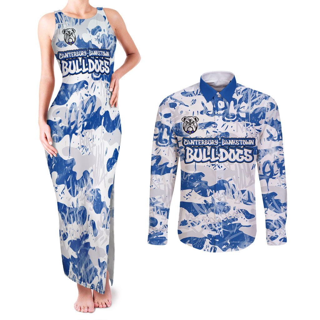 Canterbury-Bankstown Bulldogs Rugby Couples Matching Tank Maxi Dress and Long Sleeve Button Shirt Graffiti Typography Urban Camo Abstract Street Style