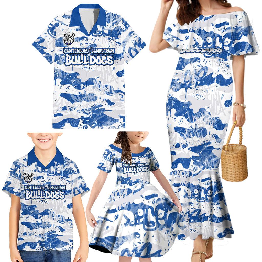 Canterbury-Bankstown Bulldogs Rugby Family Matching Mermaid Dress and Hawaiian Shirt Graffiti Typography Urban Camo Abstract Street Style