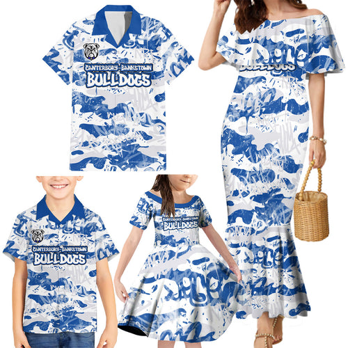 Canterbury-Bankstown Bulldogs Rugby Family Matching Mermaid Dress and Hawaiian Shirt Graffiti Typography Urban Camo Abstract Street Style