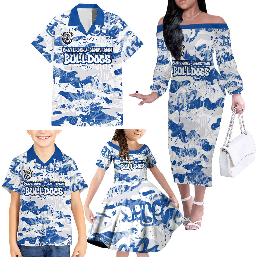 Canterbury-Bankstown Bulldogs Rugby Family Matching Off The Shoulder Long Sleeve Dress and Hawaiian Shirt Graffiti Typography Urban Camo Abstract Street Style