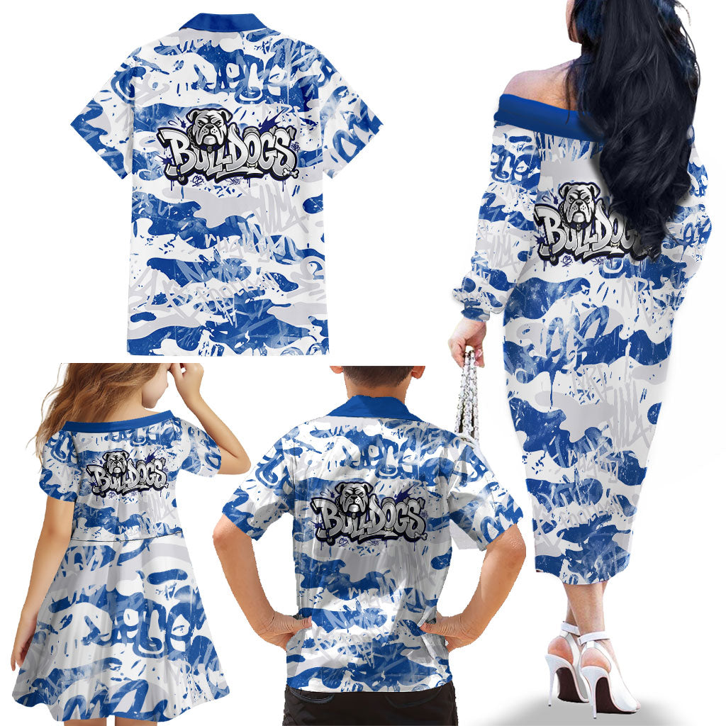 Canterbury-Bankstown Bulldogs Rugby Family Matching Off The Shoulder Long Sleeve Dress and Hawaiian Shirt Graffiti Typography Urban Camo Abstract Street Style