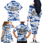 Canterbury-Bankstown Bulldogs Rugby Family Matching Off The Shoulder Long Sleeve Dress and Hawaiian Shirt Graffiti Typography Urban Camo Abstract Street Style
