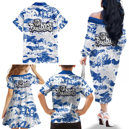 Canterbury-Bankstown Bulldogs Rugby Family Matching Off The Shoulder Long Sleeve Dress and Hawaiian Shirt Graffiti Typography Urban Camo Abstract Street Style
