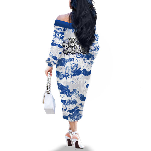 Canterbury-Bankstown Bulldogs Rugby Family Matching Off The Shoulder Long Sleeve Dress and Hawaiian Shirt Graffiti Typography Urban Camo Abstract Street Style